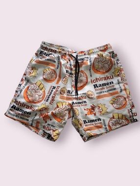 Men's White Orange Graphic Ramen Swim Trunks
